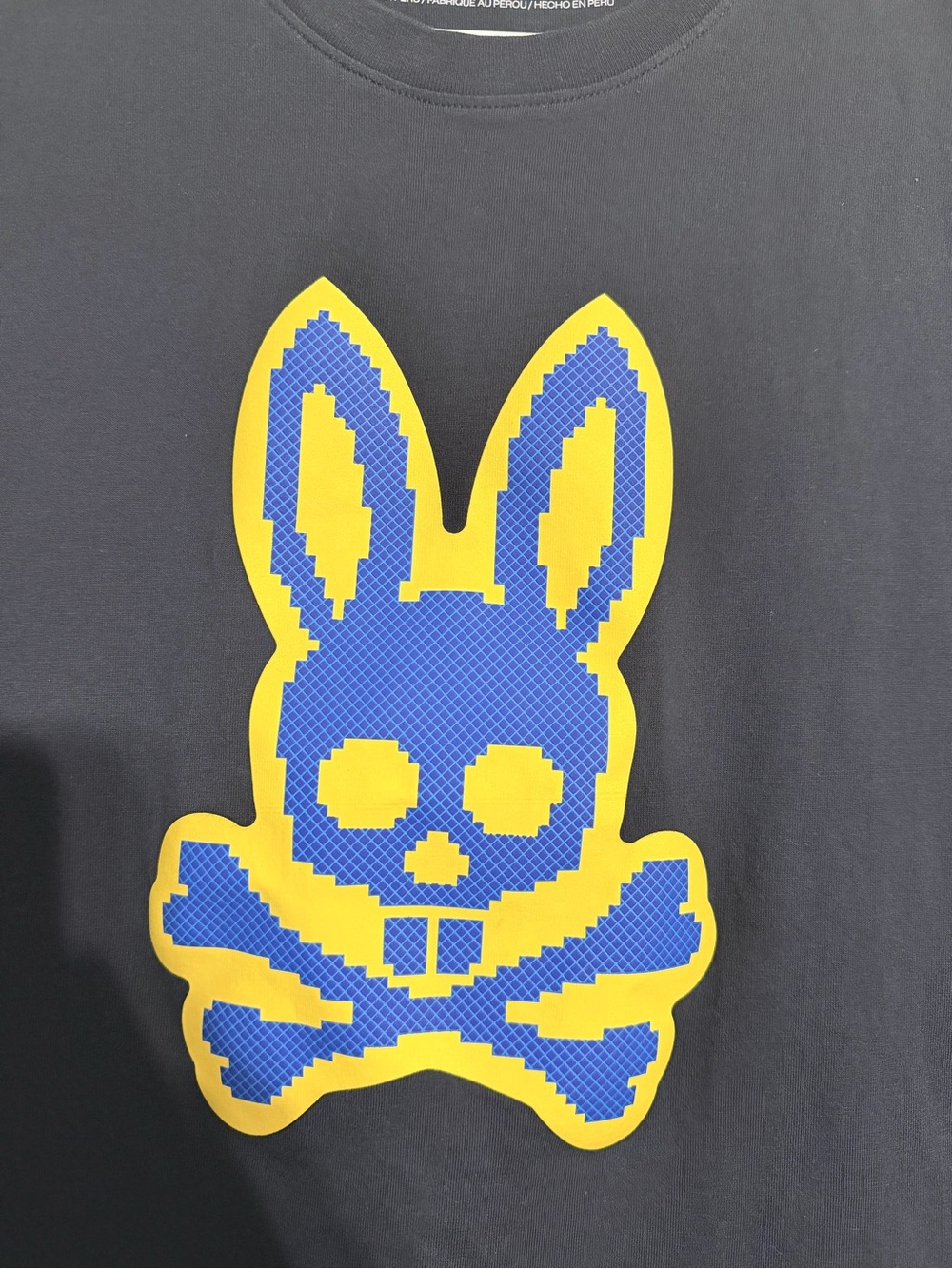 Psycho Bunny Navy Tee with Yellow & Blue Bunny Skull Motif- size XS - Picture 2 of 5
